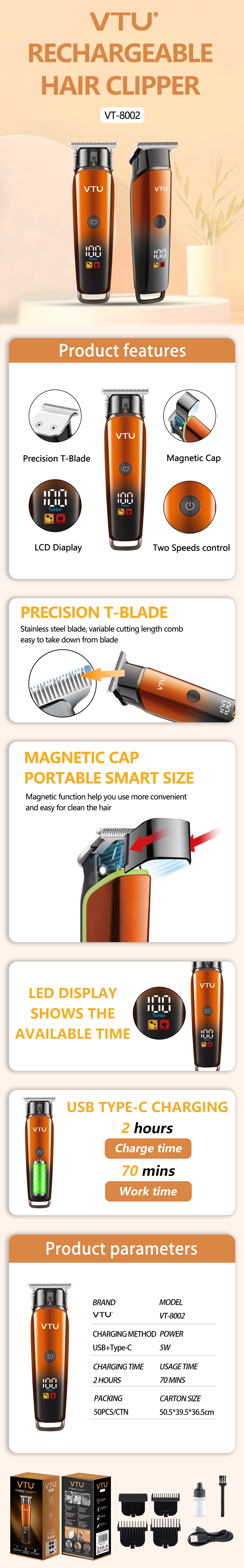 VTU VT-8002 Cordless Hair Trimmer for Men