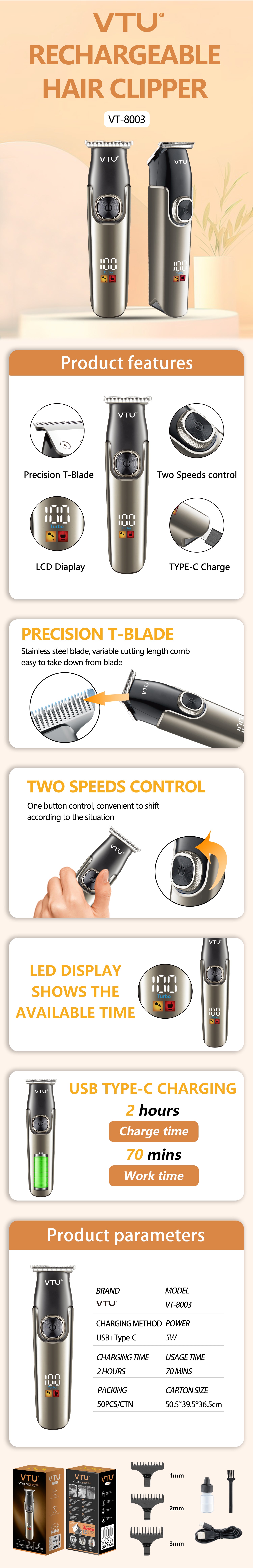 VTU VT-8003 Cordless Hair Trimmer for Men