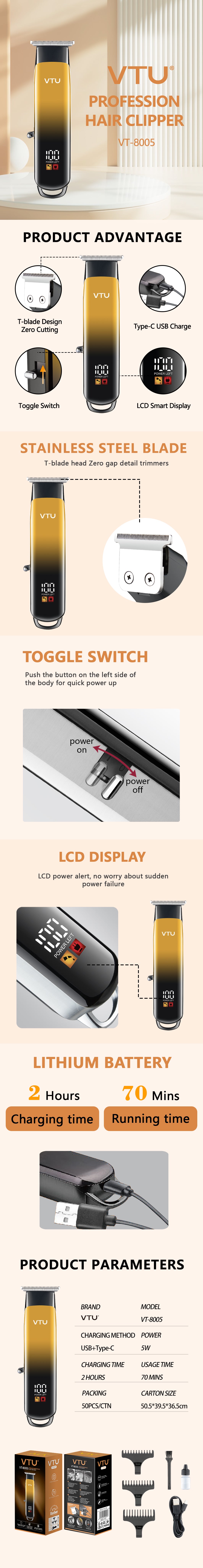 VTU VT-8005 Cordless Hair Trimmer for Men